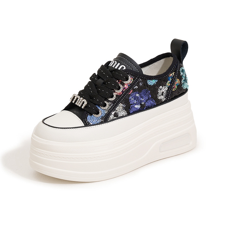 Sneakers femei cu creștere înălțată, talpă groasă, suprafață textilă, talpă PU, șireturi, potriviți pentru primăvară-vară-toamnă