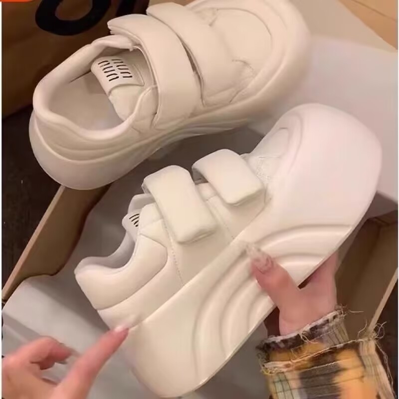 Pantofi sport pentru femei, vârf rotund, talpă groasă, închidere Velcro, creștere înălțime, PU partea superioară