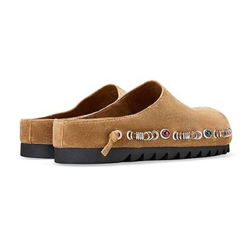 Ženske kožne slip-on s debelim potplatom, Birkenstock‑inspiriran retro stil; gornji dio od telećeg velura; unutarnji dio od tkanine; potplat od gume; debljina potplata 3–5 cm; ravna potpetica