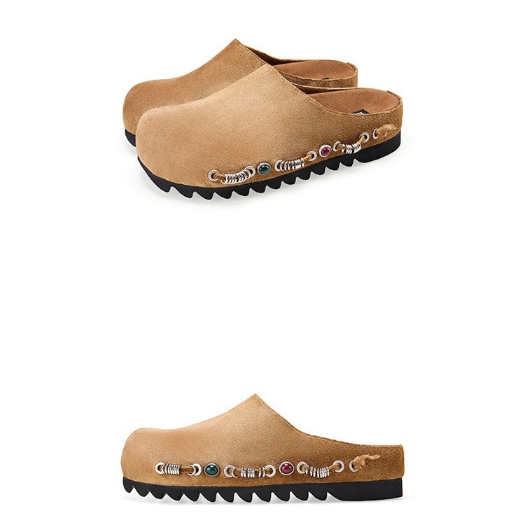 Ženske kožne slip-on s debelim potplatom, Birkenstock‑inspiriran retro stil; gornji dio od telećeg velura; unutarnji dio od tkanine; potplat od gume; debljina potplata 3–5 cm; ravna potpetica