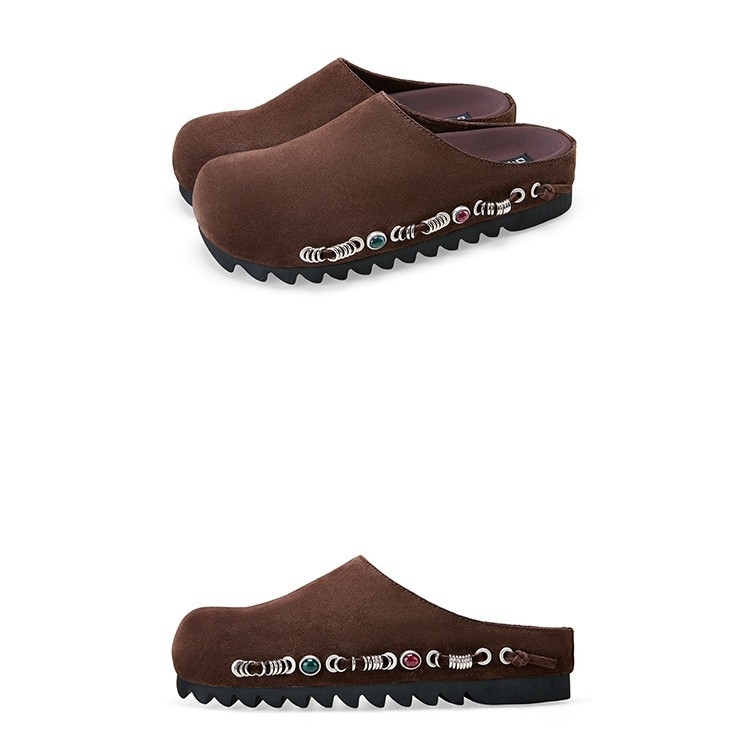 Ženske kožne slip-on s debelim potplatom, Birkenstock‑inspiriran retro stil; gornji dio od telećeg velura; unutarnji dio od tkanine; potplat od gume; debljina potplata 3–5 cm; ravna potpetica