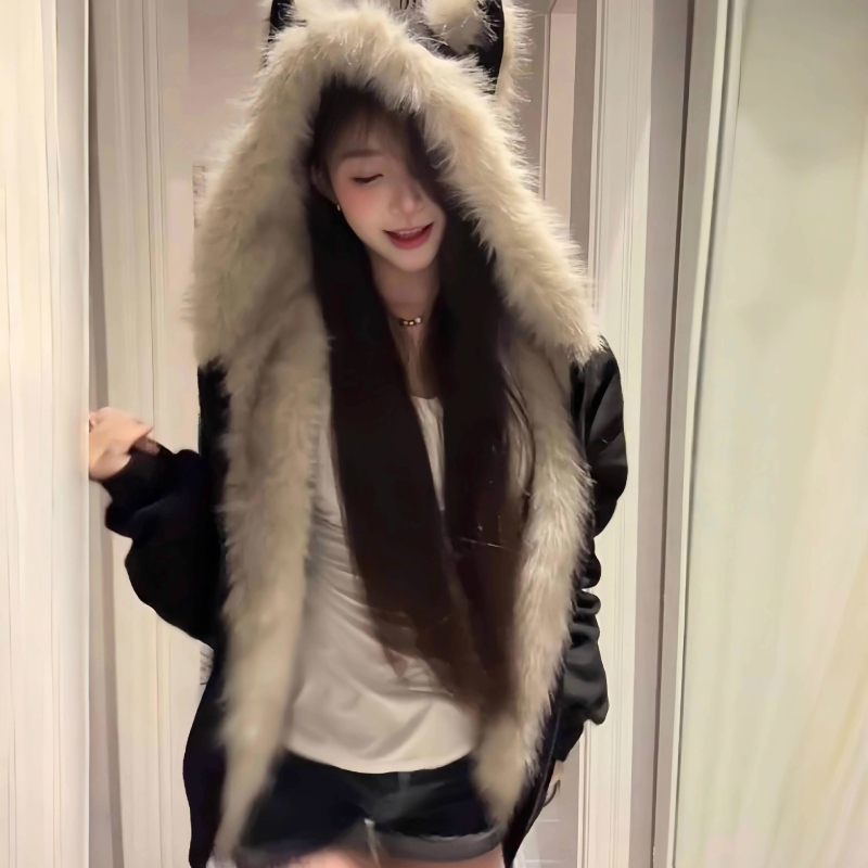 Sieviešu kokvilnas jaka ar kapuci un mākslīgu kažokādu apkakli – Korejiešu stila, bieza ziemas jaka