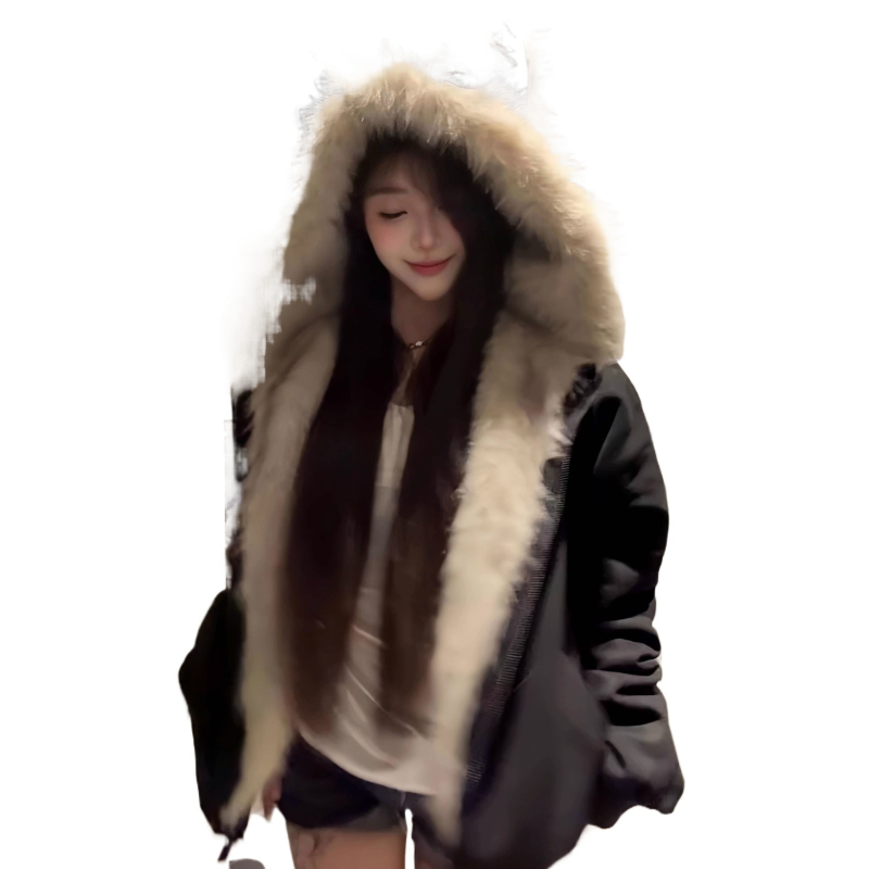 Sieviešu kokvilnas jaka ar kapuci un mākslīgu kažokādu apkakli – Korejiešu stila, bieza ziemas jaka