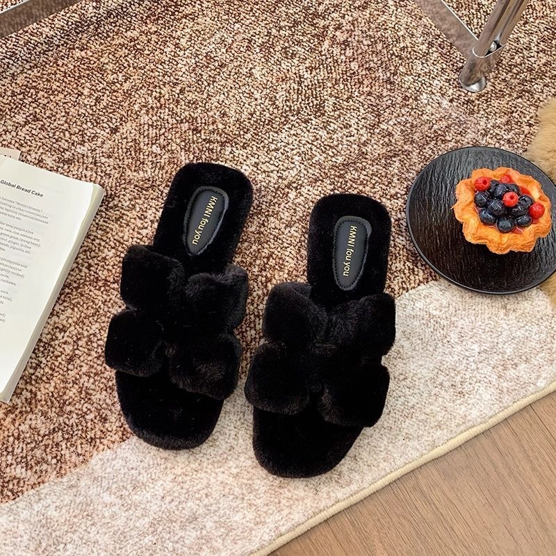 Sieviešu pūkainas čības ar bieza zole, franču stila, augšējais materiāls: mākslīgais pūkas audums, iekšdaļa: īss mākslīgais pūkas audums, zole: gumija, izlaidums: 2025. gada rudens, piemērotas ziemai un pavasarim