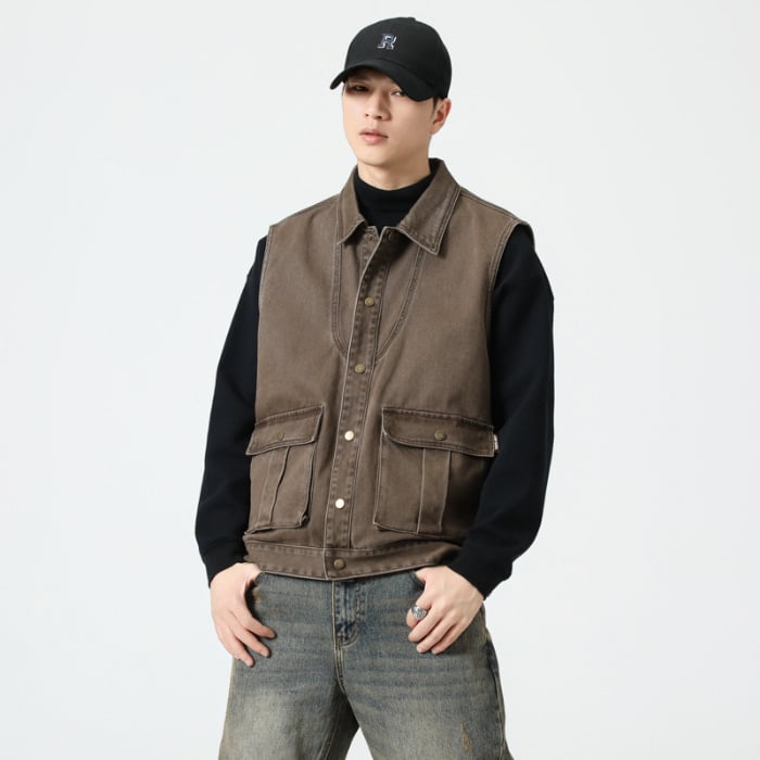 Vintaža kokvilnas veste ar brīvu piegriezumu, kapuci un patch kabatām