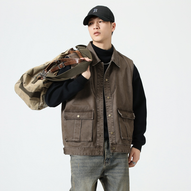 Vintage puuvillane vest, vaba lõikega, kapuuts ja 3D patch taskud