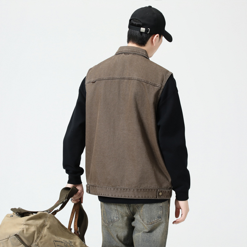 Vintage puuvillane vest, vaba lõikega, kapuuts ja 3D patch taskud