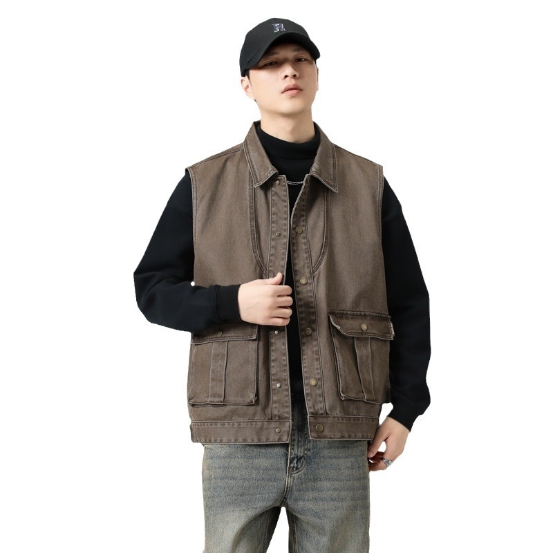 Vintage puuvillane vest, vaba lõikega, kapuuts ja 3D patch taskud