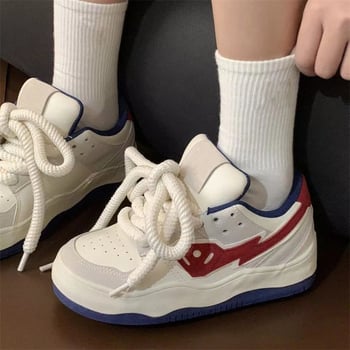 Pantofi sport casual pentru femei, talpă groasă de cauciuc, partea superioară PU respirantă, vârf rotund, 3–5 cm toc mijlociu, închidere cu șireturi