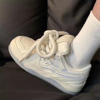 Pantofi sport casual pentru femei, talpă groasă de cauciuc, partea superioară PU respirantă, vârf rotund, 3–5 cm toc mijlociu, închidere cu șireturi