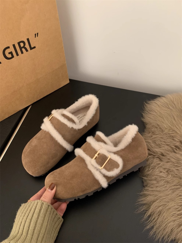 Versiune din blană de miel - Botine de iarnă cu cataramă mică aurie, talpă groasă, stil Birkenstock, botine casual din lână (Partea superioară: blană; Interior: piele de miel; Talpă: cauciuc; Înălțime toc: 3–5 cm)