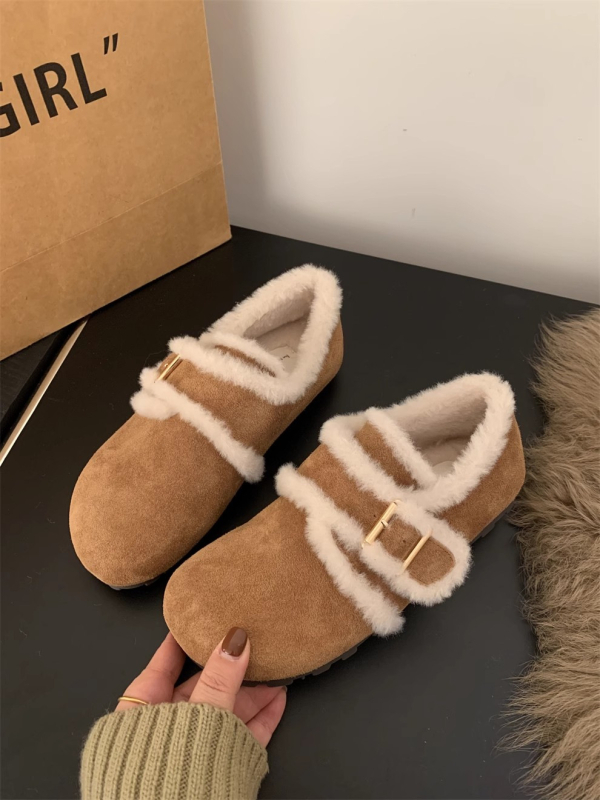 Versiune din blană de miel - Botine de iarnă cu cataramă mică aurie, talpă groasă, stil Birkenstock, botine casual din lână (Partea superioară: blană; Interior: piele de miel; Talpă: cauciuc; Înălțime toc: 3–5 cm)