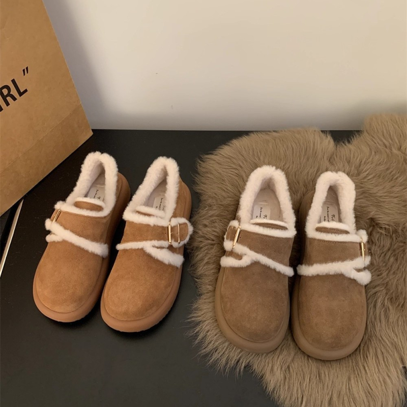 Versiune din blană de miel - Botine de iarnă cu cataramă mică aurie, talpă groasă, stil Birkenstock, botine casual din lână (Partea superioară: blană; Interior: piele de miel; Talpă: cauciuc; Înălțime toc: 3–5 cm)
