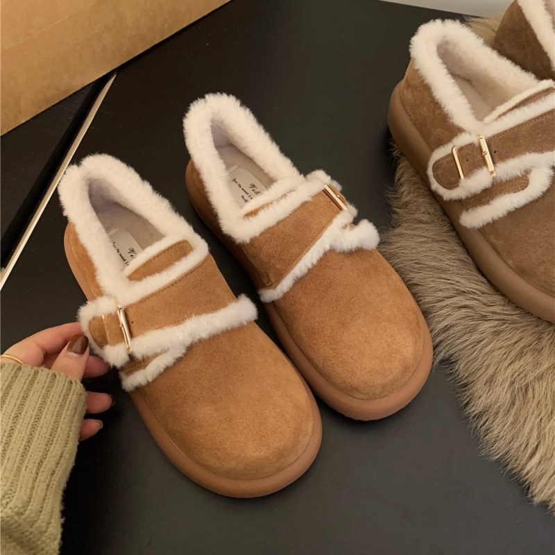 Versiune din blană de miel - Botine de iarnă cu cataramă mică aurie, talpă groasă, stil Birkenstock, botine casual din lână (Partea superioară: blană; Interior: piele de miel; Talpă: cauciuc; Înălțime toc: 3–5 cm)