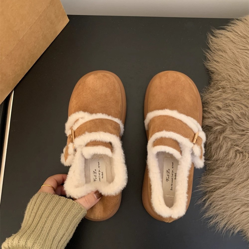 Versiune din blană de miel - Botine de iarnă cu cataramă mică aurie, talpă groasă, stil Birkenstock, botine casual din lână (Partea superioară: blană; Interior: piele de miel; Talpă: cauciuc; Înălțime toc: 3–5 cm)