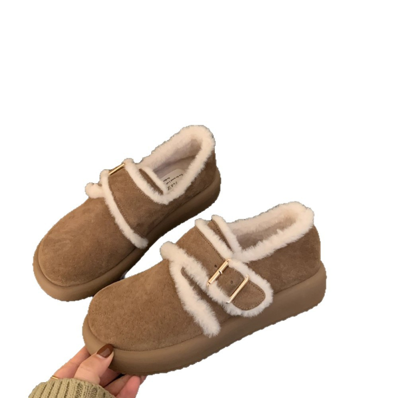 Versiune din blană de miel - Botine de iarnă cu cataramă mică aurie, talpă groasă, stil Birkenstock, botine casual din lână (Partea superioară: blană; Interior: piele de miel; Talpă: cauciuc; Înălțime toc: 3–5 cm)