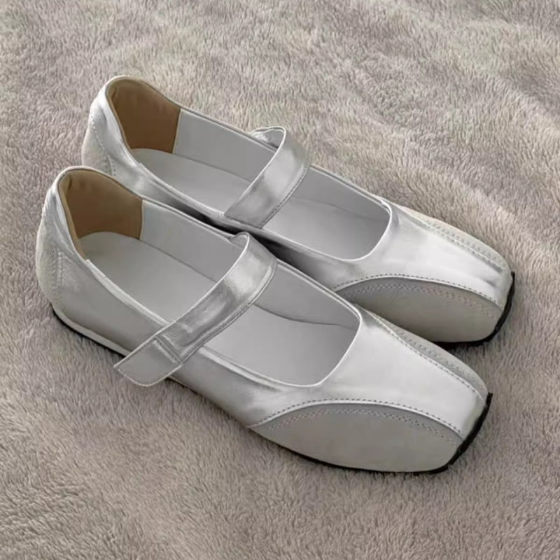 Női Mary Jane cipő, koreai stílus, négyszögletes orr, felső rész mikro szálas bőr, Velcro-zárás