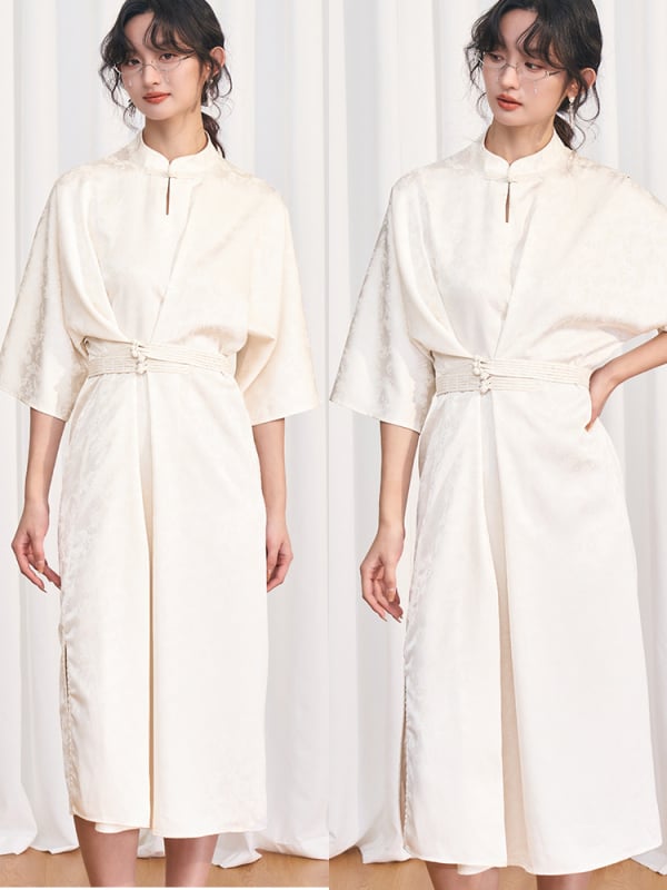 Naistekleit Hiina retro-stiilis, džakardist polüester, A-liin siluett, püsti krae, midi pikkus