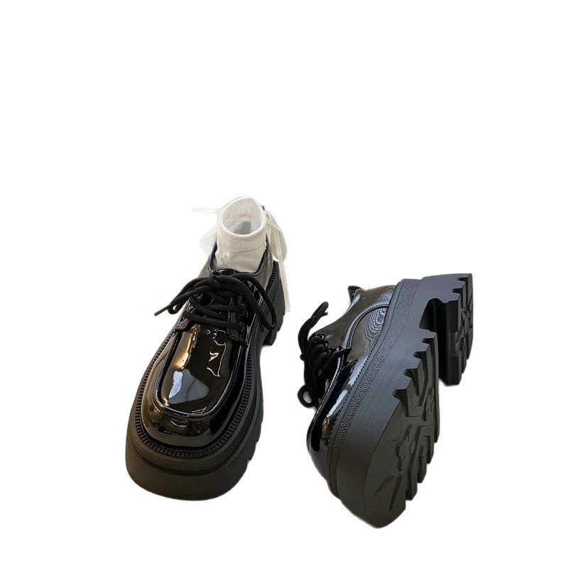 Женски обувки от PU кожа, връзки, британски стил, кръгъл нос, дебел ток 3–5 см, гумена подметка