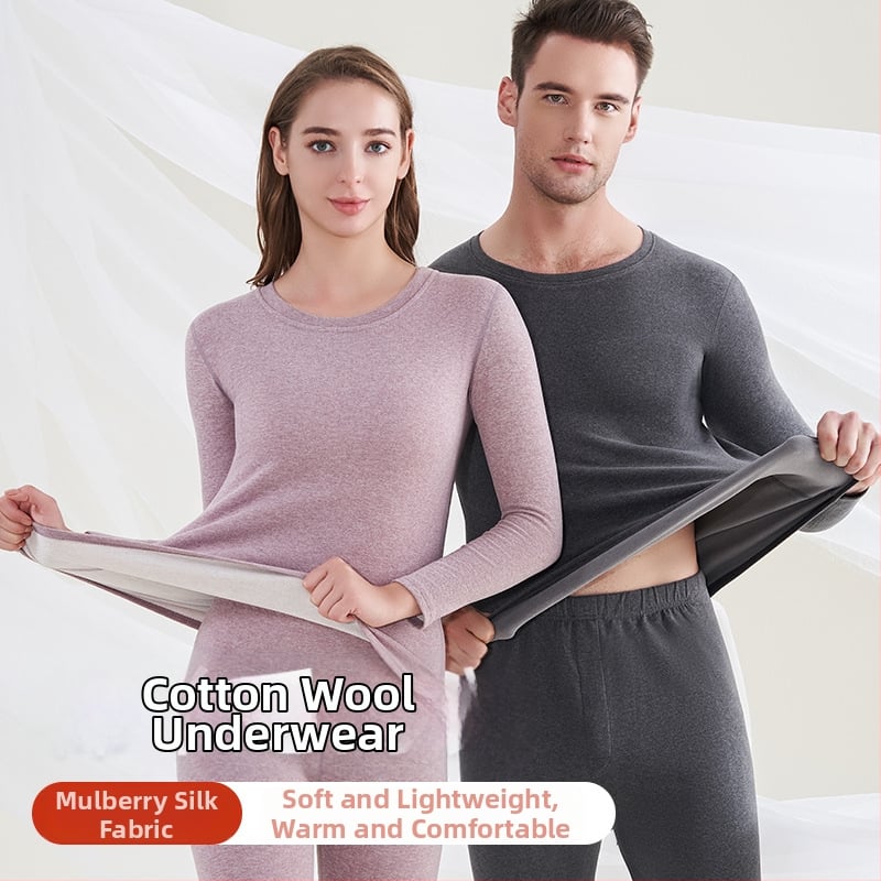 Unisex Θερμικό Σετ Εσωρούχων - Μαλλί & Mulberry Μετάξι, Παχύτητα 251–300 g/m2, Φλίς-Επένδυση, Διπλό Στρώμα, Κολάρο crewneck, Μακρυμάνικος Top + Παντελόνια