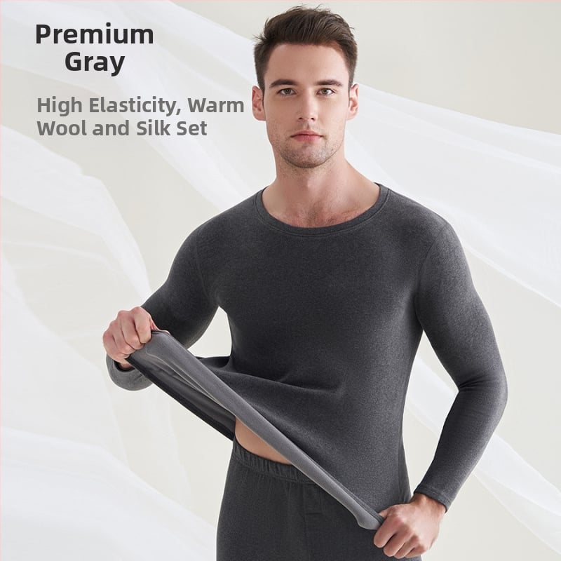 Unisex Θερμικό Σετ Εσωρούχων - Μαλλί & Mulberry Μετάξι, Παχύτητα 251–300 g/m2, Φλίς-Επένδυση, Διπλό Στρώμα, Κολάρο crewneck, Μακρυμάνικος Top + Παντελόνια