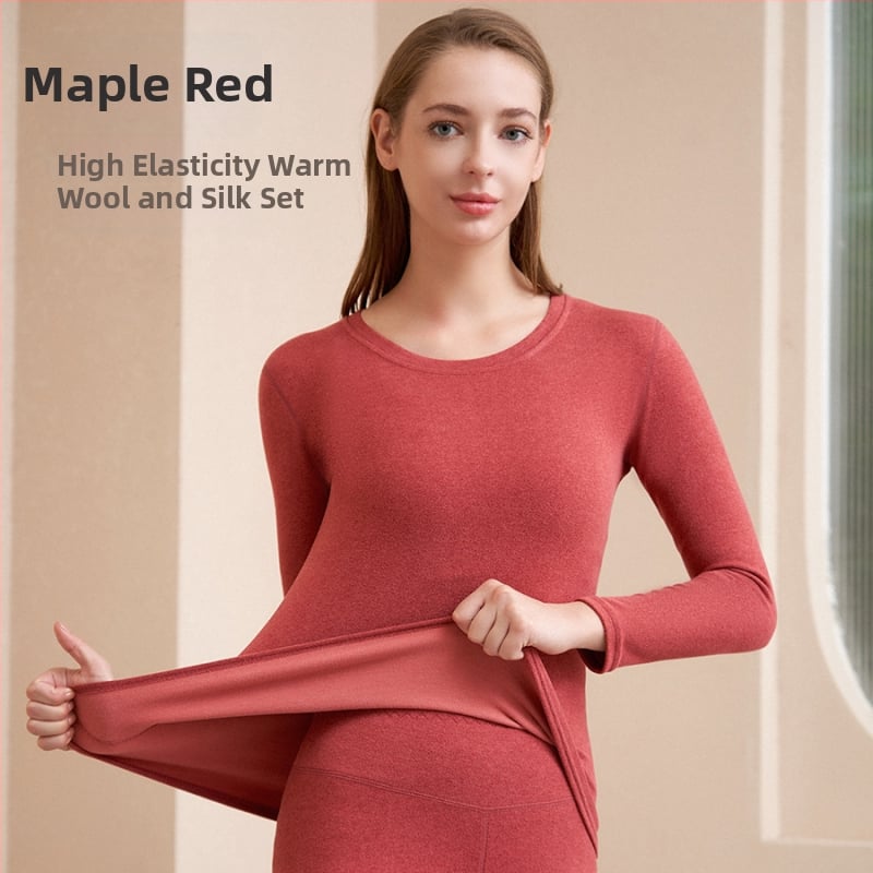 Unisex Θερμικό Σετ Εσωρούχων - Μαλλί & Mulberry Μετάξι, Παχύτητα 251–300 g/m2, Φλίς-Επένδυση, Διπλό Στρώμα, Κολάρο crewneck, Μακρυμάνικος Top + Παντελόνια