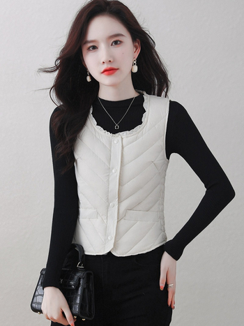 Vesta din nylon pentru femei, croială slim, guler U, închidere cu nasturi pe un rând, ușoară