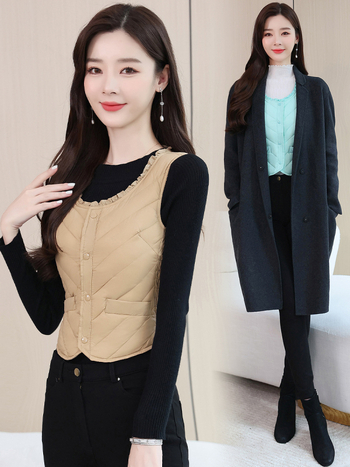 Vesta din nylon pentru femei, croială slim, guler U, închidere cu nasturi pe un rând, ușoară