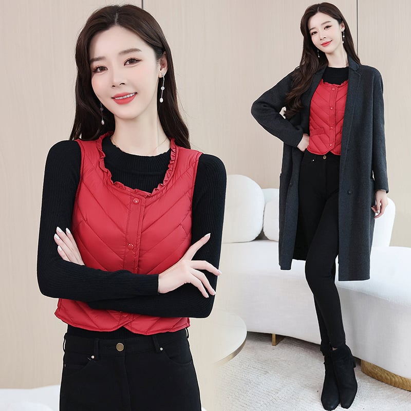 Vesta din nylon pentru femei, croială slim, guler U, închidere cu nasturi pe un rând, ușoară