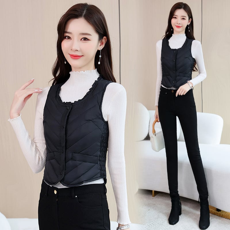 Vesta din nylon pentru femei, croială slim, guler U, închidere cu nasturi pe un rând, ușoară