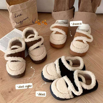 Női téli velúr cipő belső plüss bélés, Velcro-zárás, gumitalp, lapos sarok — koreai stílus