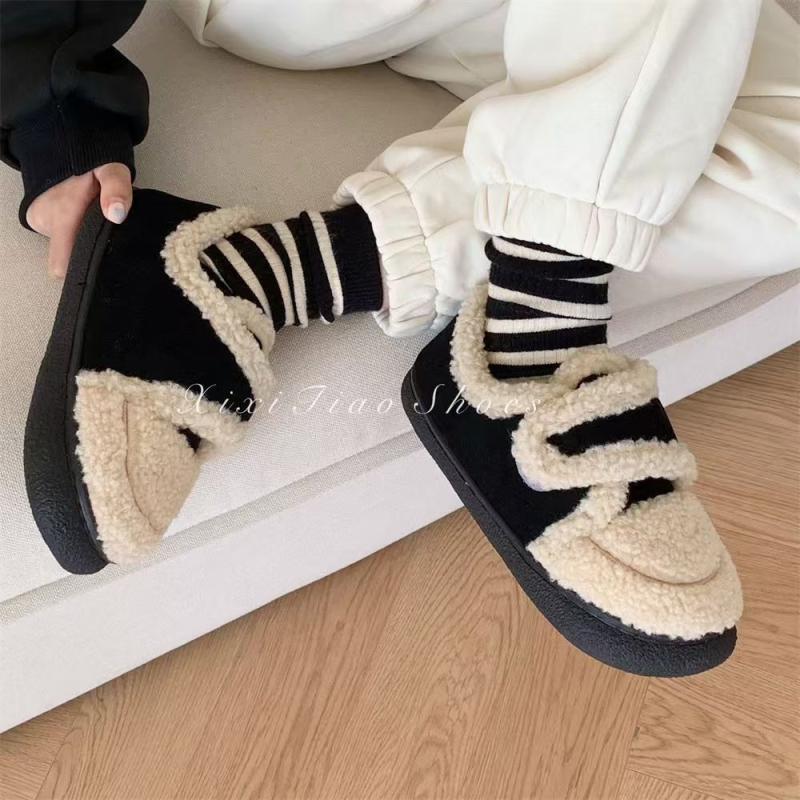 Női téli velúr cipő belső plüss bélés, Velcro-zárás, gumitalp, lapos sarok — koreai stílus