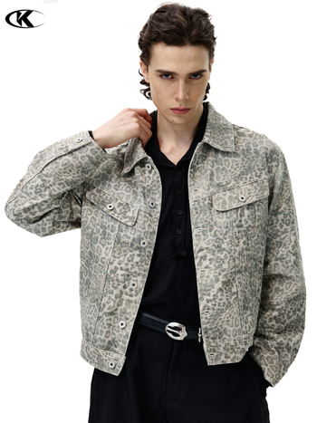 Jakk – Ameerika Vintage stiil – Leopardimuster – Denim-puuvilne välisriietus – Vaba lõige