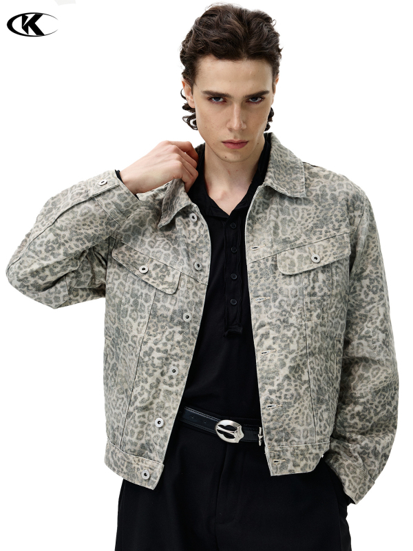 Jakk – Ameerika Vintage stiil – Leopardimuster – Denim-puuvilne välisriietus – Vaba lõige