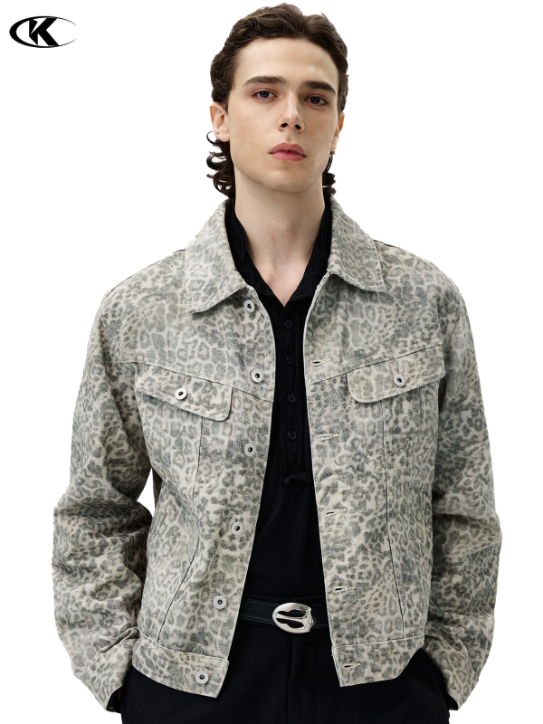 Jakk – Ameerika Vintage stiil – Leopardimuster – Denim-puuvilne välisriietus – Vaba lõige