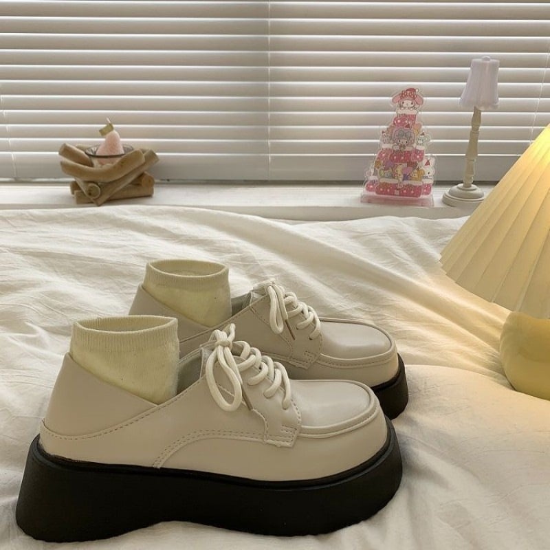 JK Δερμάτινα Γυναικεία Παπούτσια: PU Επάνω, Κυκλική Μύτη, Παχύς Τακούνι, Καουτσούκ Σόλα, Με Κορδόνια