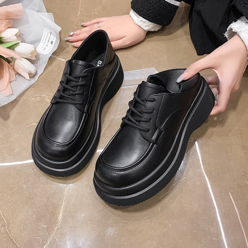 JK Δερμάτινα Γυναικεία Παπούτσια: PU Επάνω, Κυκλική Μύτη, Παχύς Τακούνι, Καουτσούκ Σόλα, Με Κορδόνια