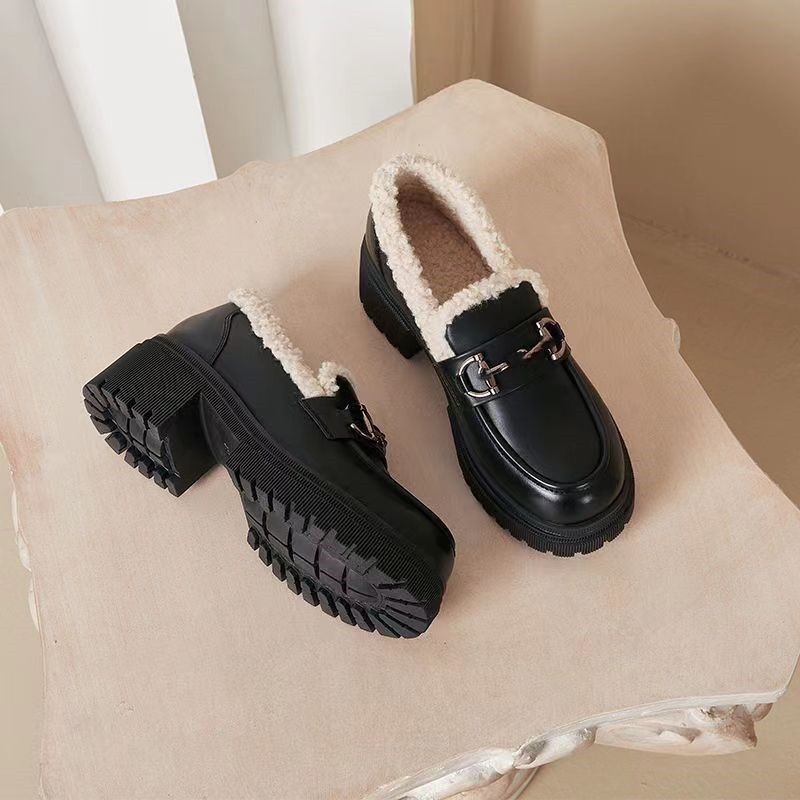Loafers femei cu căptușeală din fleece - PU suprafața, talpă din cauciuc, toc gros de 3-5 cm, slip-on, pentru iarnă/toamnă