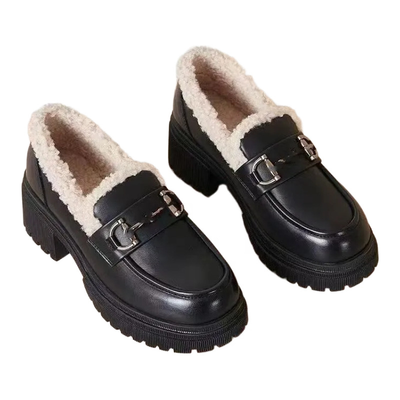 Loafers femei cu căptușeală din fleece - PU suprafața, talpă din cauciuc, toc gros de 3-5 cm, slip-on, pentru iarnă/toamnă