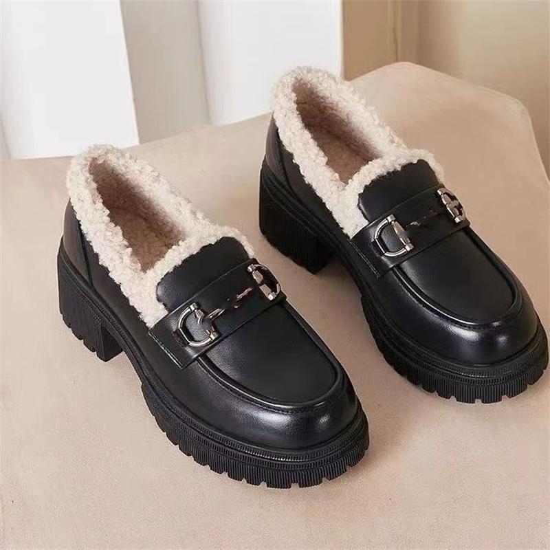 Loafers femei cu căptușeală din fleece - PU suprafața, talpă din cauciuc, toc gros de 3-5 cm, slip-on, pentru iarnă/toamnă