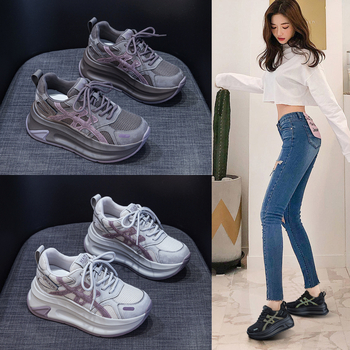 Pantofi sport casual pentru femei cu platformă, suprafața superioară din microfibră, vârf rotund, șireturi, înălțime platformă 6–8 cm