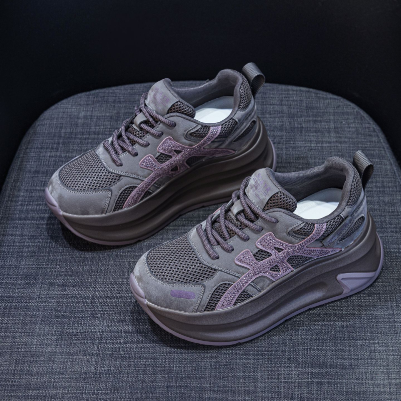 Pantofi sport casual pentru femei cu platformă, suprafața superioară din microfibră, vârf rotund, șireturi, înălțime platformă 6–8 cm