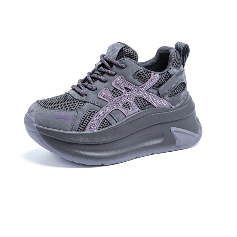 Pantofi sport casual pentru femei cu platformă, suprafața superioară din microfibră, vârf rotund, șireturi, înălțime platformă 6–8 cm