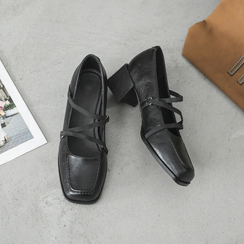 Mary Jane loafers cu vârf pătrat, toc mediu (3–5 cm), toc gros, partea superioară din microfibră