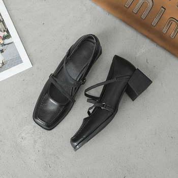 Mary Jane loafers cu vârf pătrat, toc mediu (3–5 cm), toc gros, partea superioară din microfibră