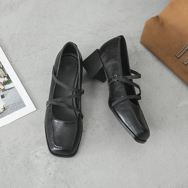 Mary Jane loafers cu vârf pătrat, toc mediu (3–5 cm), toc gros, partea superioară din microfibră