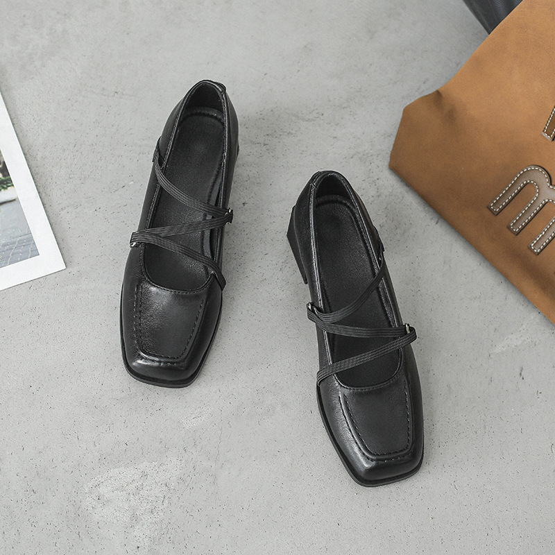 Mary Jane loafers cu vârf pătrat, toc mediu (3–5 cm), toc gros, partea superioară din microfibră