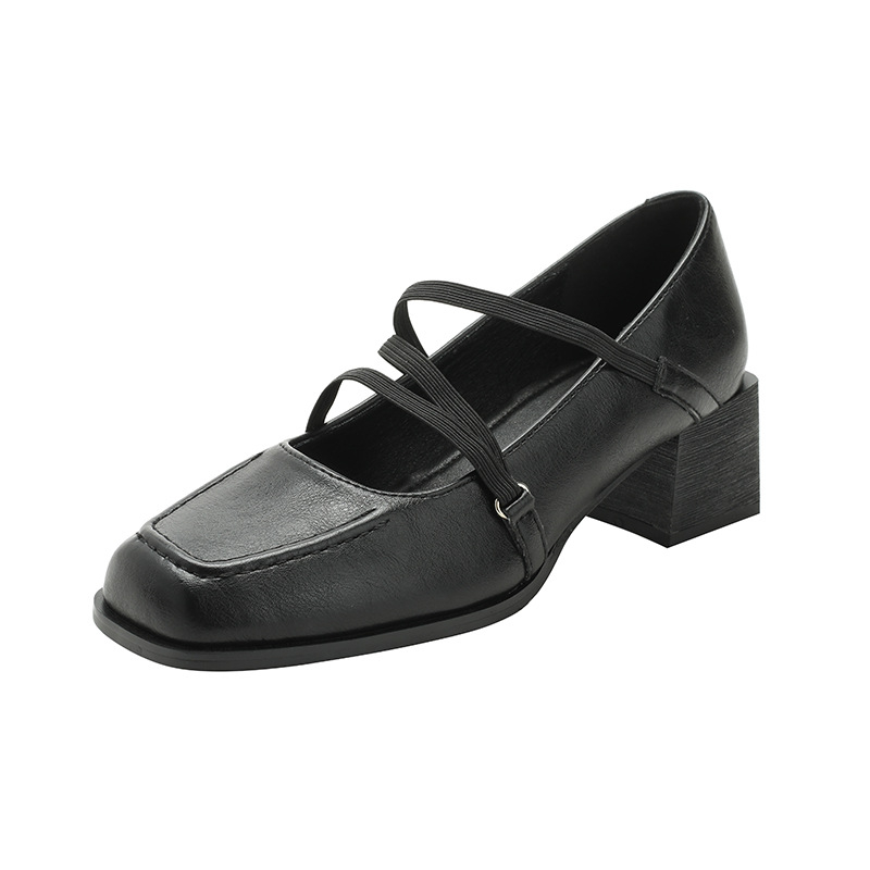 Mary Jane loafers cu vârf pătrat, toc mediu (3–5 cm), toc gros, partea superioară din microfibră