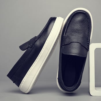 Мъжки лофери за шофиране от горна телешка кожа, slip-on, кръгъл нос, гумена подметка, плосък ток