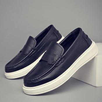 Мъжки лофери за шофиране от горна телешка кожа, slip-on, кръгъл нос, гумена подметка, плосък ток